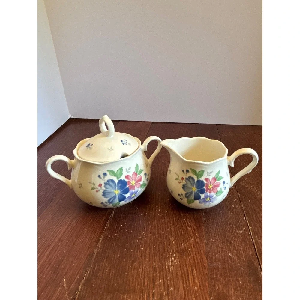 Floral Ceramic Creamer and Lidded Sugar Bowl Set Cream Blue Pink Flowers
